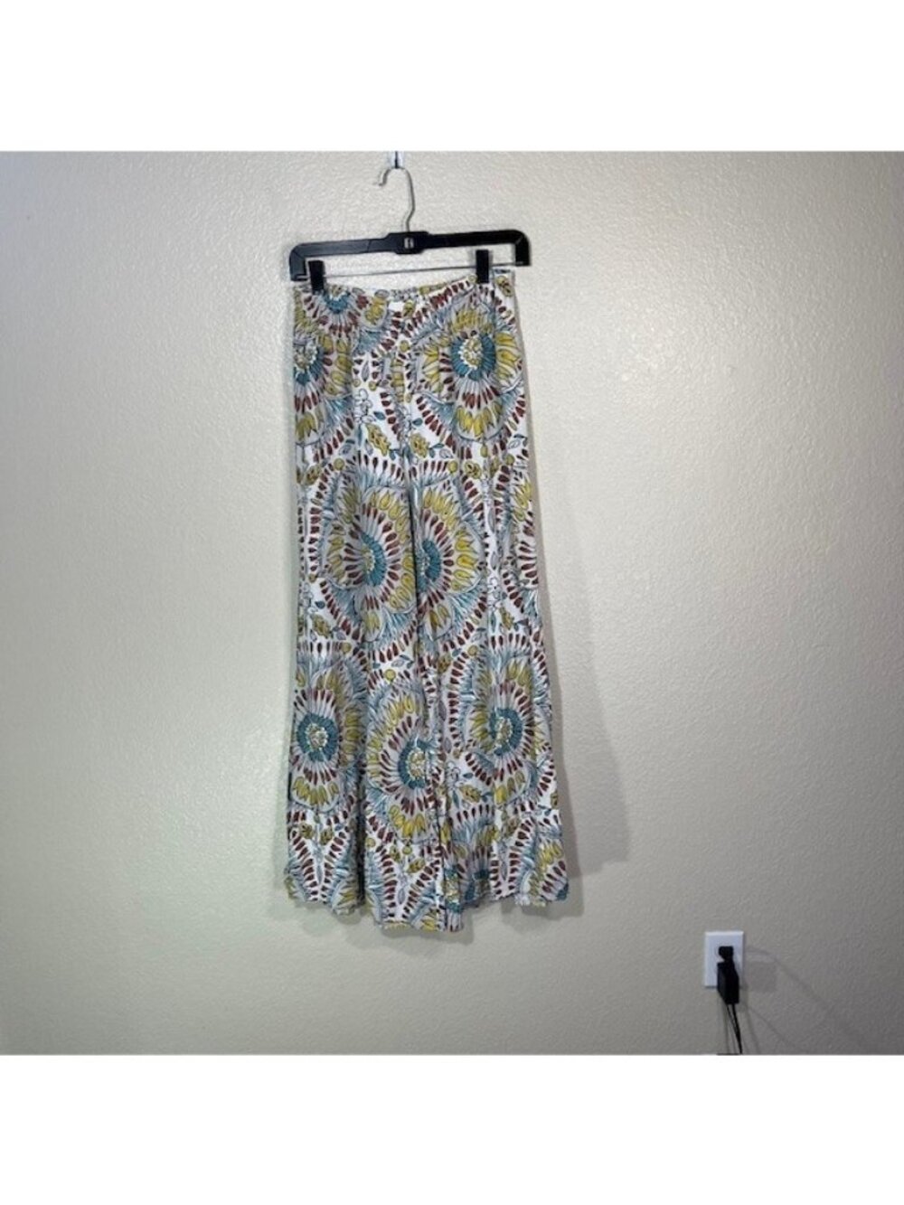 Venti6 Pants Womens Small Linen Wide Leg Pull On White Floral Paisley BOHO